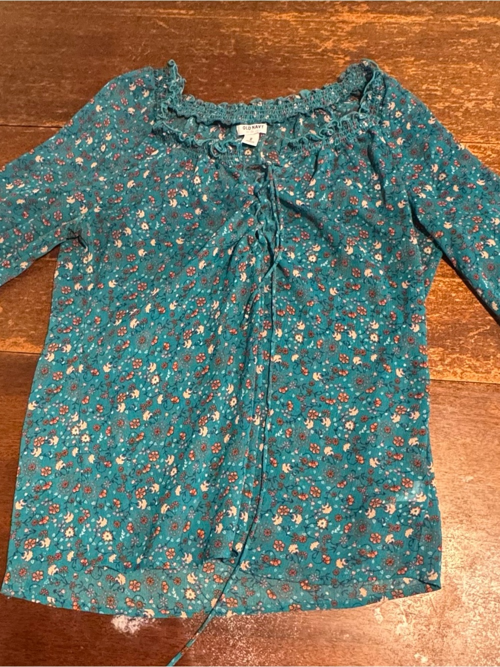 Old Navy Teal Floral Peasant Blouse with Ruffle Neck